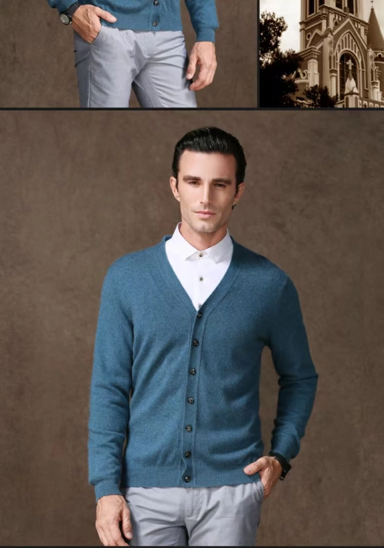 Mùa thu đông 2019 áo len cashmere mới tinh xảo len nam cổ chữ V cardigan đơn ngực dài tay áo len dệt kim thời trang - Cardigan