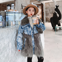 2021 new denim Cashmere Goose Down Goose Down Child Leather Grass Jacket Winter Han Edition Baby Girl Clothing