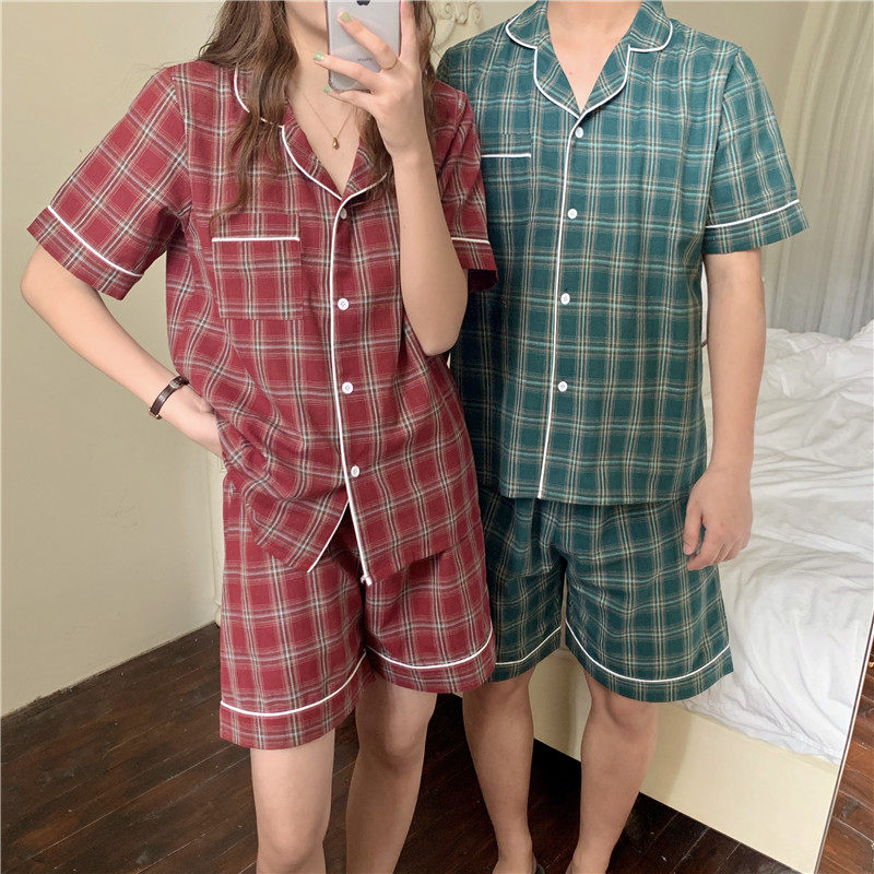 Couple Grid Pajamas woman 2021 summer new Han edition of simple retro - loose casual cotton home suit suit