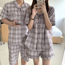 Grid couple pajamas woman 2021 Summer retro British wind male loose casual cotton short sleeve suit home suit