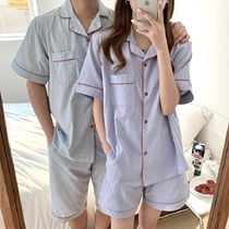Couple pajamas Han edition in pure color simple summer stripes pure cotton loose breathable short sleeve home suit