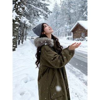 韩系休闲连帽大毛领羽绒服女2025冬新款保暖工装派克服外套设计感