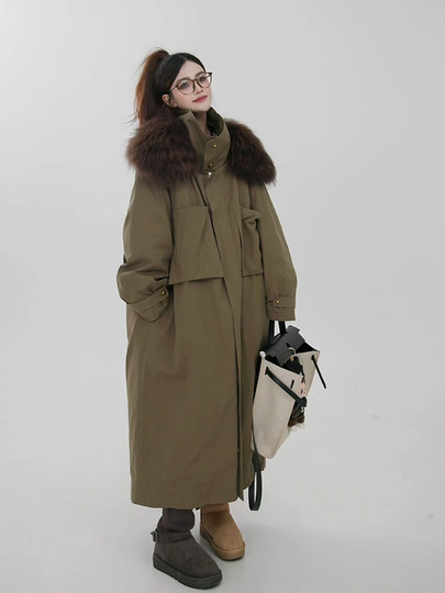 原创设计感大毛领工装羽绒服女2025冬新款风衣外套中长款休闲大衣