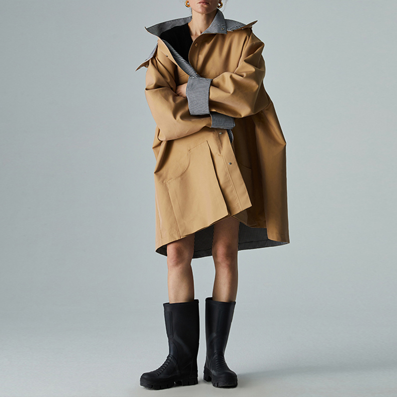 Khaki Hooded Trench Coat for Women 2026 Spring New Casual Loose Mid-Length Workwear Parka Coat