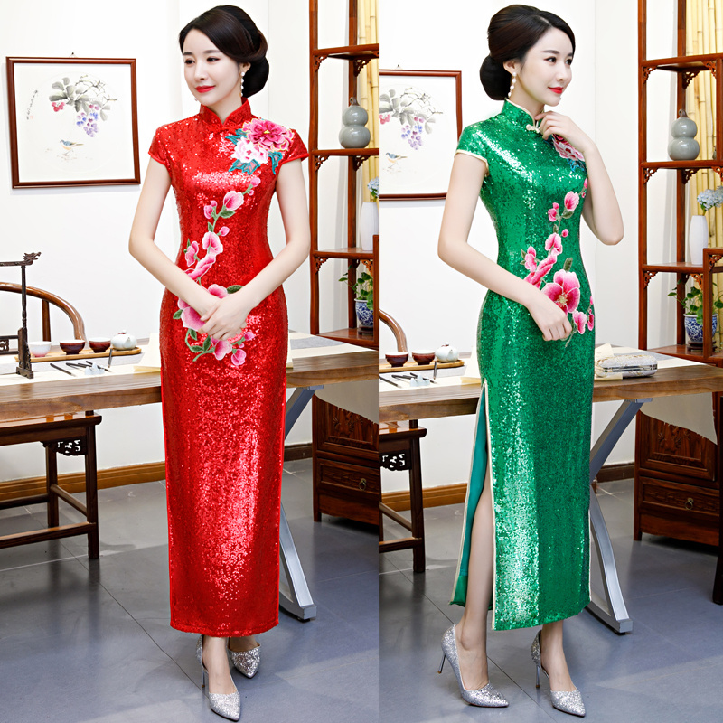 2019 new sequined cheongsam fashion Chinese style catwalk cheongsam costumes improved slim long version of red cheongsam