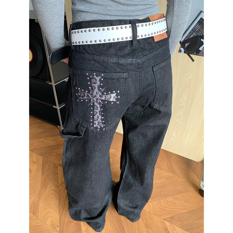 Jiaoni American Street Style Leopard Print Studded Cross Jeans Vintage Original Color Casual Versatile Wide-Leg Straight Pants Jiaoni American Street Style Leopard Print Studded Cross Jeans Vintage Original Color Casual Versatile Wide-Leg Straight Pants