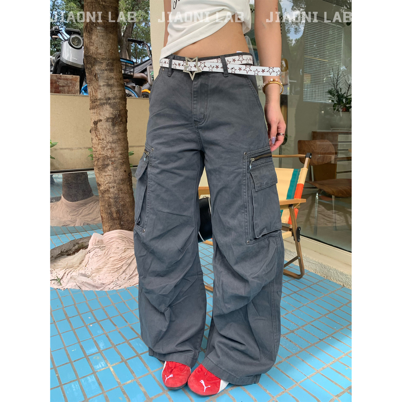 Jiaoni American-Style Distressed Gray Cargo Pants for Women, Spring and Autumn, Loose, Casual, Versatile, Wide-Leg, Straight-Leg, Silhouette Long Pants