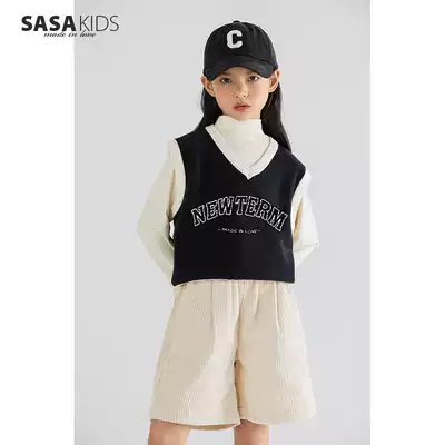 SASAKIDS custom autumn girl letter loose V-neck vest children's college fashion jacquard pullover sweater