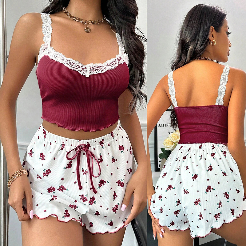 【Complete Set Price】Sexy Lace Camisole and Floral Shorts Set for Women, Two-Piece Loungewear, Export Product