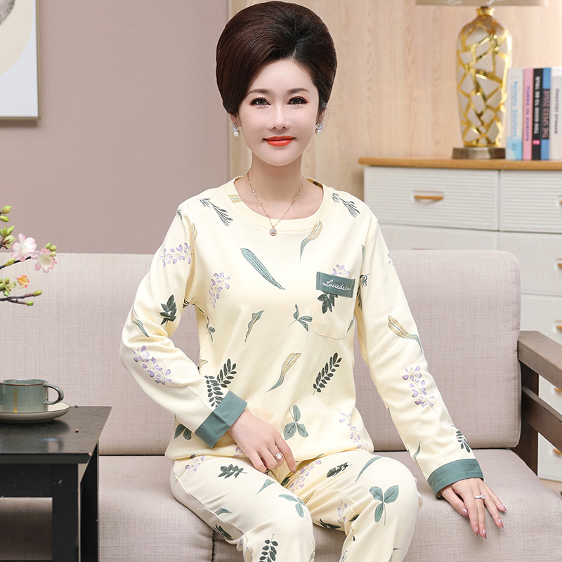 Middle-Aged Women's Long-Sleeved Pure Cotton Pajamas for Mothers, Spring and Autumn Pullover Round Neck, Middle-Aged and Elderly Full Cotton Large Size Elderly Home Wear
