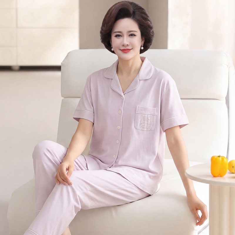 Pajamas for Women, Summer Pure Cotton Short-Sleeved Long Pants, Mother's Suit, Loose Large Size, Middle-Aged and Elderly Mothers, Mother-In-Law Home Clothes