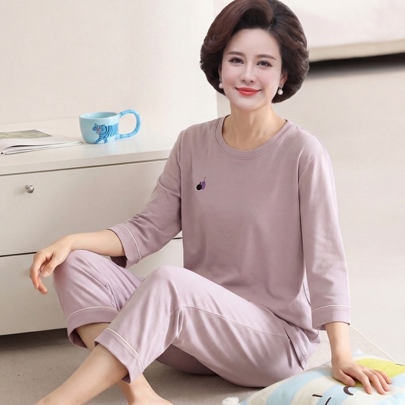 Summer Mom's Pajamas for Women, Pure Cotton, Three-Quarter Sleeves, Nine-Quarter Pants, for Middle-Aged and Elderly Women, Full Cotton, Thin Style, Spring and Autumn Loungewear Summer Mom's Pajamas for Women, Pure Cotton, Three-Quarter Sleeves, Nine-Quarter Pants, for Middle-Aged and Elderly Women, Full Cotton, Thin Style, Spring and Autumn Loungewear