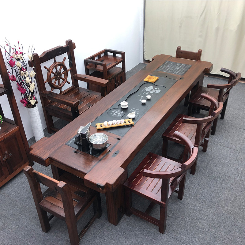 Old ship wood tea table and chair combination Solid wood tea set One-piece Chinese Kung Fu tea table Household tea table Large table
