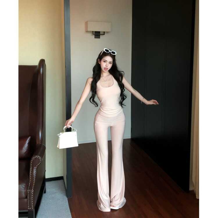 Pure Desire Sexy Slim Halter Neck Backless Padded Camisole High Waist Drape Cuffed Slimming Wide Leg Pants Suit