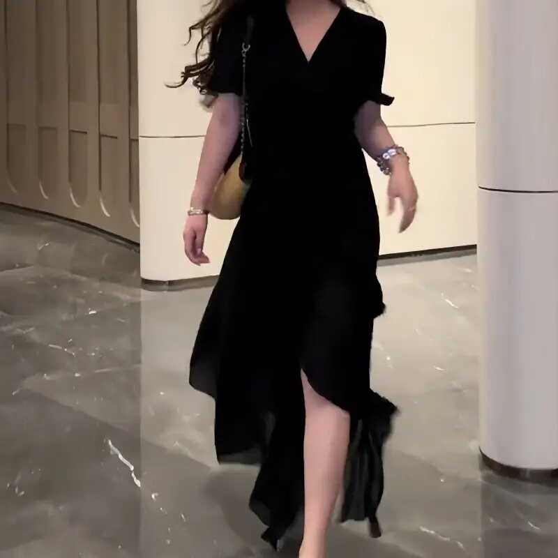 Black V Neck Dress for Women Summer 2026 New Large Size Fat mm Slim Waist Slimming Look High-End Slit Mesh Long Skirt Black V Neck Dress for Women Summer 2026 New Large Size Fat mm Slim Waist Slimming Look High-End Slit Mesh Long Skirt