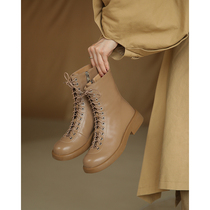 Pygov Retro Martin Boots Female Spring and Autumn Single Boots English thick-soled short boots Leather lace-up short boots