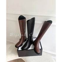 Pygov Bigeful Boots Womens Leather Knights Boots Flat thick heel casual leather boots Black Spring and Autumn Single Boots