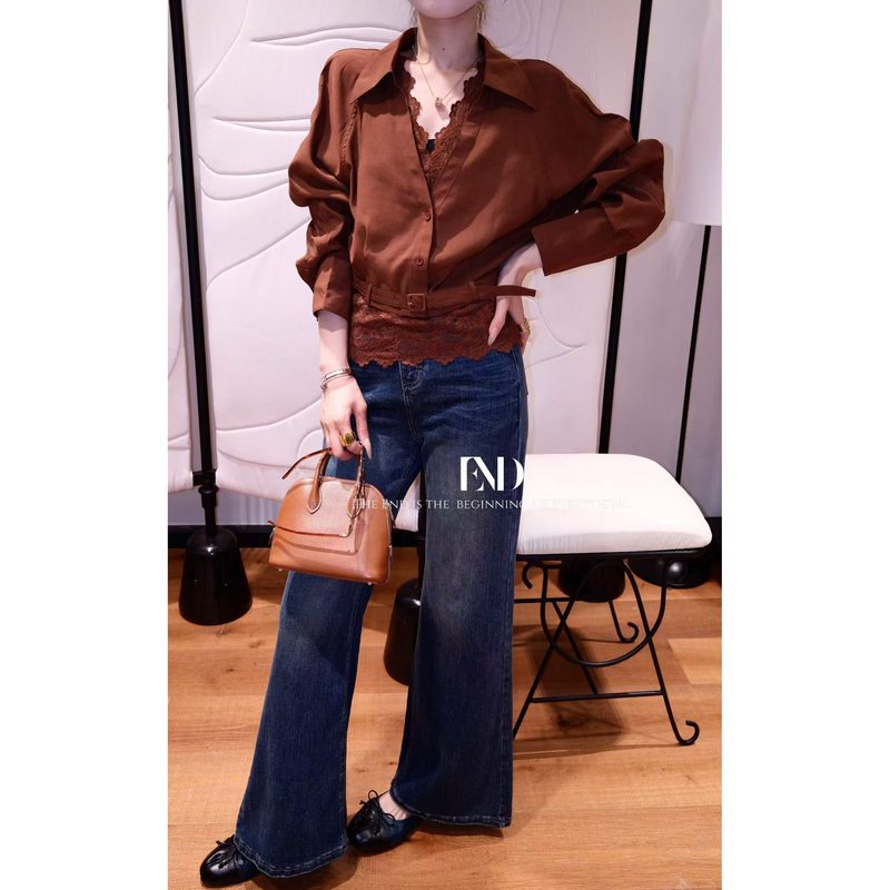 European Station 2026 Autumn New Designer Style Lace Patchwork Two-Piece Shirt Top V-Neck Tie Shirt