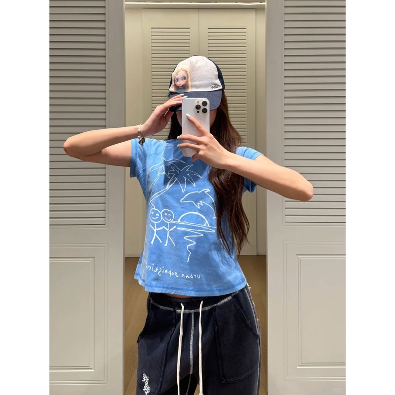Pd's Greatest Work, Washed and Distressed Blue Stickman Print Short-Sleeved Women's Retro Slim-Fit T-Shirt 0202