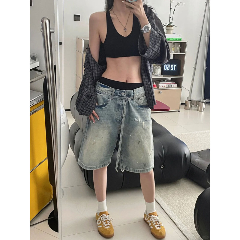 Pd's Greatest Work: Graffiti Retro Distressed Niche Splatter Ink Belt Design Denim Shorts 0167