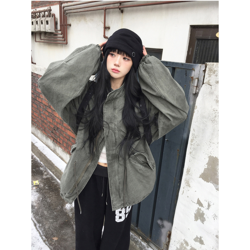 Pd's Greatest Work: Showa Girl Autumn Heavy Industry Washed Mid-Length Vintage Distressed Workwear Jacket 0320