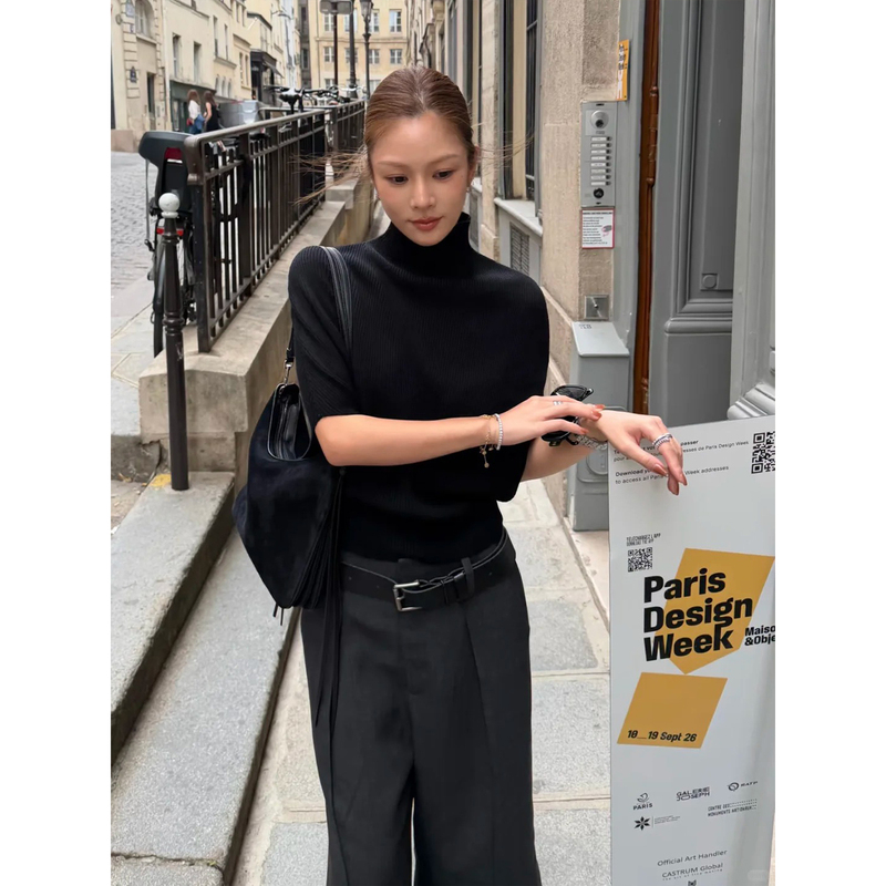 Pd's Greatest Work, Nana-Style Cape-Style Ribbed Raglan Knit Sweater, High-Neck Simple Sweater 0390