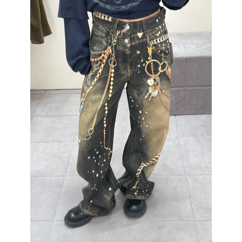 Pd's Greatest Work, the Era of Youth, the Same Style as the Youth Group, 26 Limited Edition Chain Wide-Leg Jeans Graffiti 0261