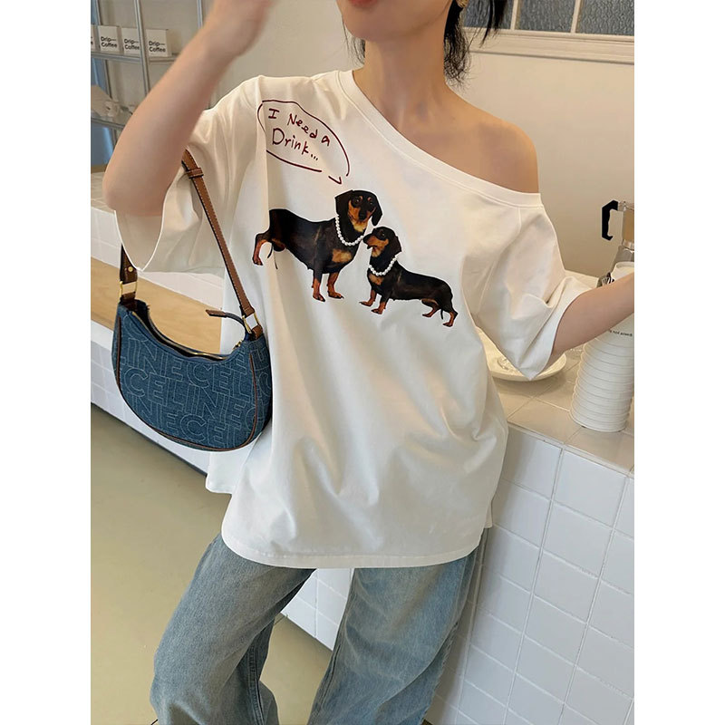 Pd's Greatest Work, Jennie Song Yuqi's Same Style Dachshund Loose-Fitting Off-Shoulder Casual Cmvx Off-Shoulder T-Shirt