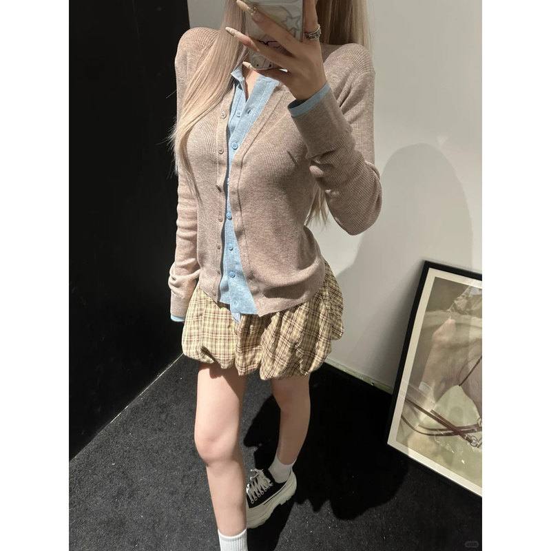 Pd's Greatest Work: Early Autumn Fake Two-Piece Color-Block Versatile Knitted Cardigan, Slim Fit, Soft and Thin Top 0207