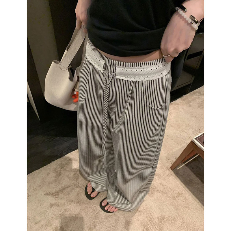 Pd's Greatest Work: Korean Women's Fresh Striped Relaxed Summer Cool Straight-Leg Lace Design Pants 0114 Pd's Greatest Work: Korean Women's Fresh Striped Relaxed Summer Cool Straight-Leg Lace Design Pants 0114