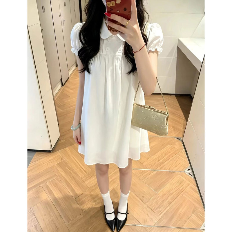 Pd's Greatest Work, the Same Style as Teng Jie, Summer Girly Doll Collar Japanese-Style White Flower Puff Sleeve Dress 0139