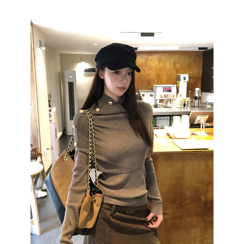 Pd's Greatest Work, High-Fashion Cape-Style Slim-Fit Sweater for Women, Designer Coffee-Colored Base Knit Top 0339 Pd's Greatest Work, High-Fashion Cape-Style Slim-Fit Sweater for Women, Designer Coffee-Colored Base Knit Top 0339