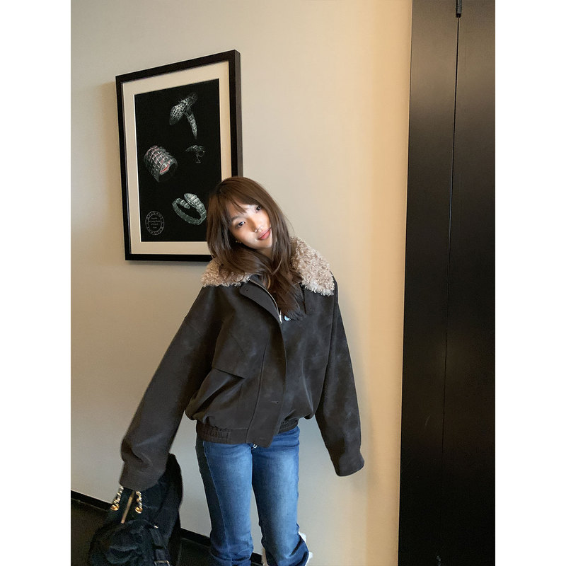 Pd's Greatest Work, Deng Xixi's Same Style Workwear Lamb Wool Lapel Leather Jacket, Eco-Friendly Fur Leather Coat 0240