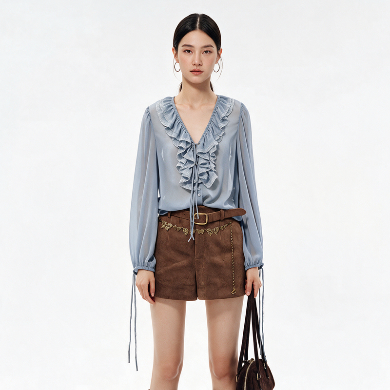 Sdefecr/French Ruffled V-Neck Tie-Up Shirt for Women, 2026 Autumn New Lace Chiffon Thin Top