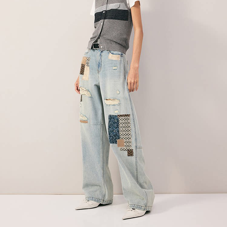 Sdefecr/Denim Style Ripped Patchwork Straight-Leg Pants for Women, Loose Fit, Unique Patch Design, Slimming Pants