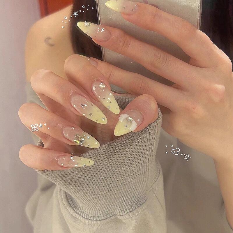 Pure Desire for a White Complexion, Milky Yellow Gradient, Star Wings, Bow, Handmade Wearable Nails, High-End Nail Art Patches