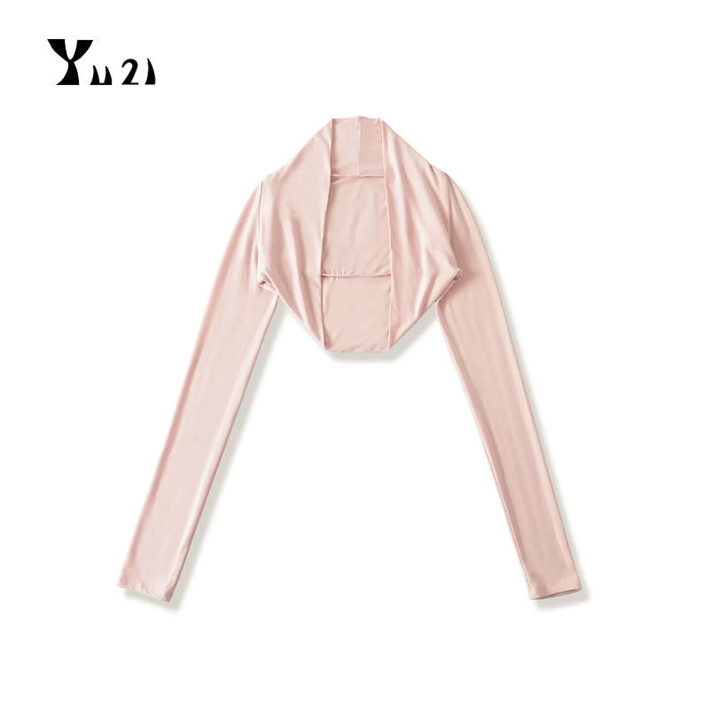 Ballet-style long-sleeved short shawl shoulder pad top, versatile slim-fit cardigan for women, paired with halter neck dress.