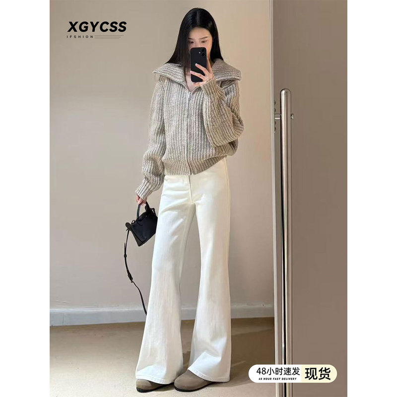 White Low-Waisted Flared Jeans for Women, 2026 Spring/Summer New Style, Petite Loose Straight-Leg Bell-Bottom Pants