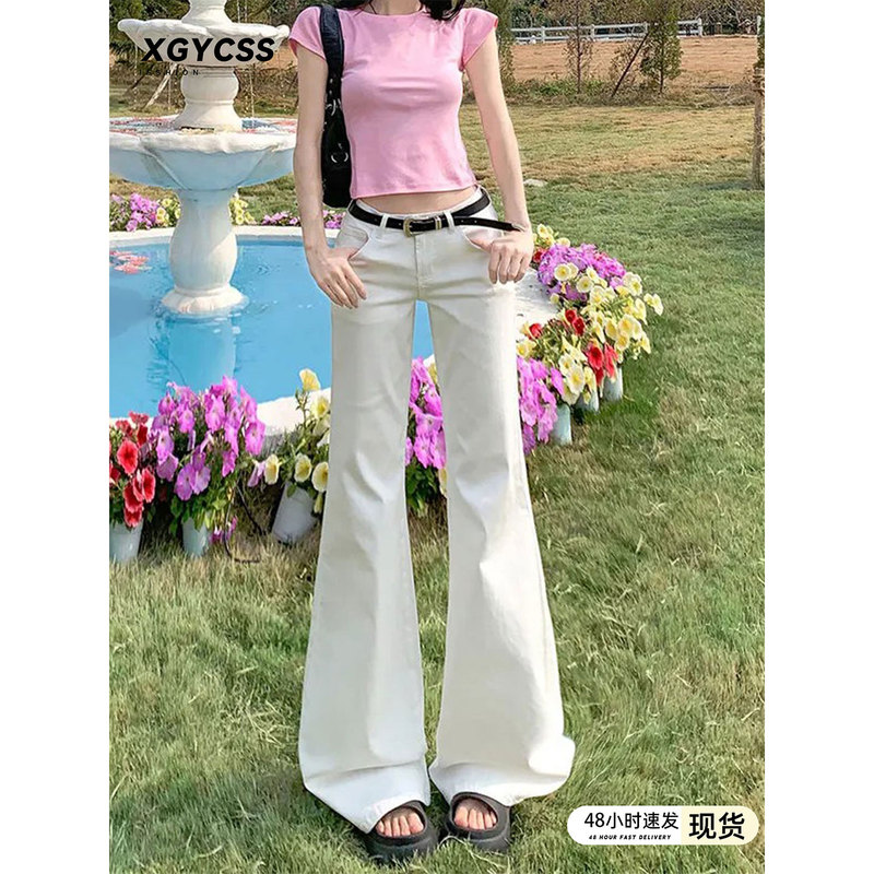 White Low-Waisted, Non-Tight-Fitting, Slightly Flared Jeans for Women, Summer Style, Petite, American Style, Four-Way Stretch, Slimming Straight-Leg Flared Pants