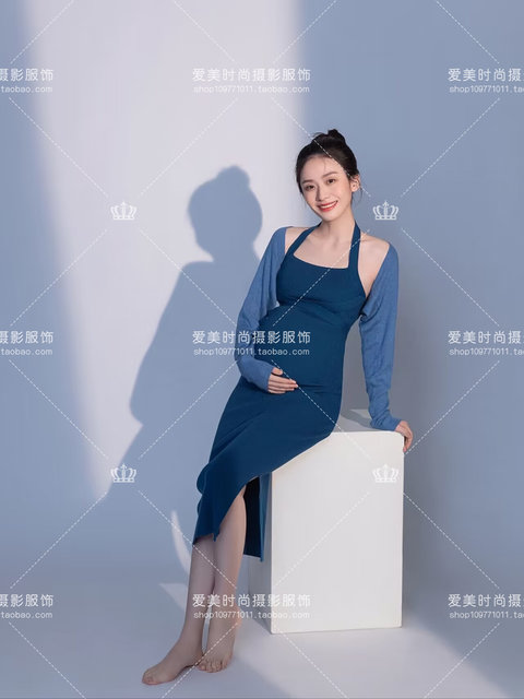 23 New Maternity Photo Clothing Photo Studio Blue Slim Knitted Suit Dress Art Photo Maternity Photography Clothes