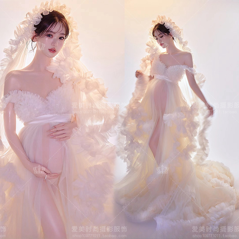 Photo Studio Maternity Theme Photography New French Light Luxury Super Fairy White Dress Pregnant Mother Belly Photo Art Photography Clothing