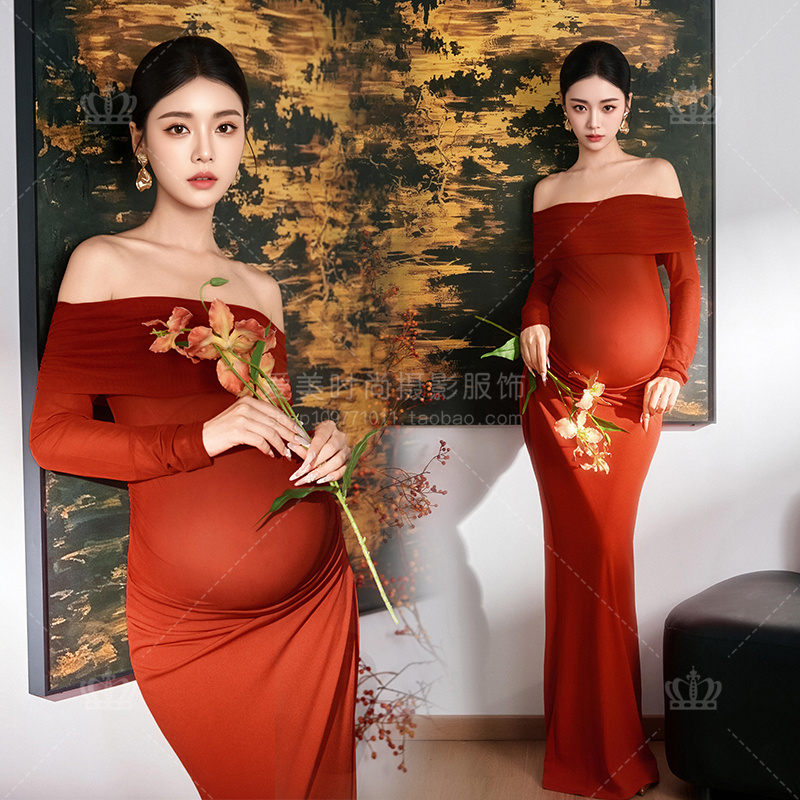 Maternity-Themed Red One-Shoulder Long-Sleeve Maternity Dress for Studio Photography, High-End Luxury and Elegant Photography Gown