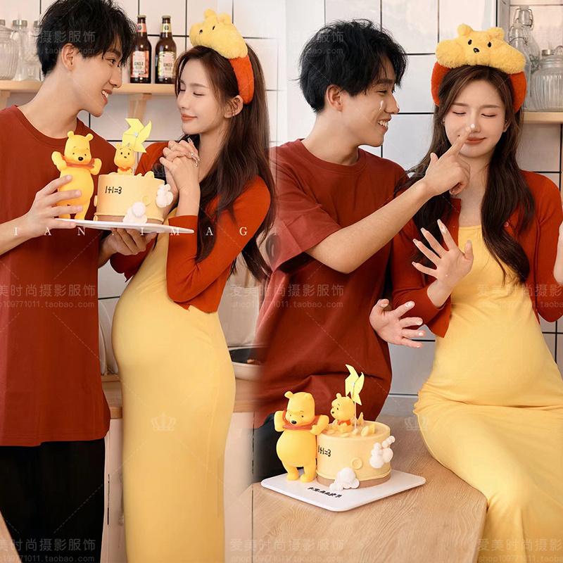 Pregnant Women's Photo Studio Theme New Korean-Style Sweet Winnie the Pooh Cute Dress for Pregnant Moms and Couples Photography Outfit