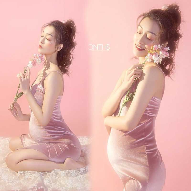New Pregnant Woman Photography Clothing Photo Gallery Photo Clothing Pregnant Woman Sexy Pink Velvet Open Fork Lift With Dress Photo Dress
