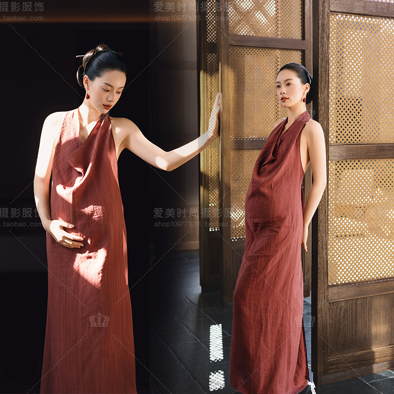 Photo Studio's New Maternity-Themed New Chinese-Style Halter Dress for Women, Red Pregnant Mommy Belly Photo Studio Outfit