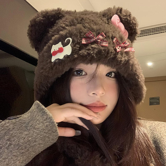 Cute bear ears cat bow plush hat for women