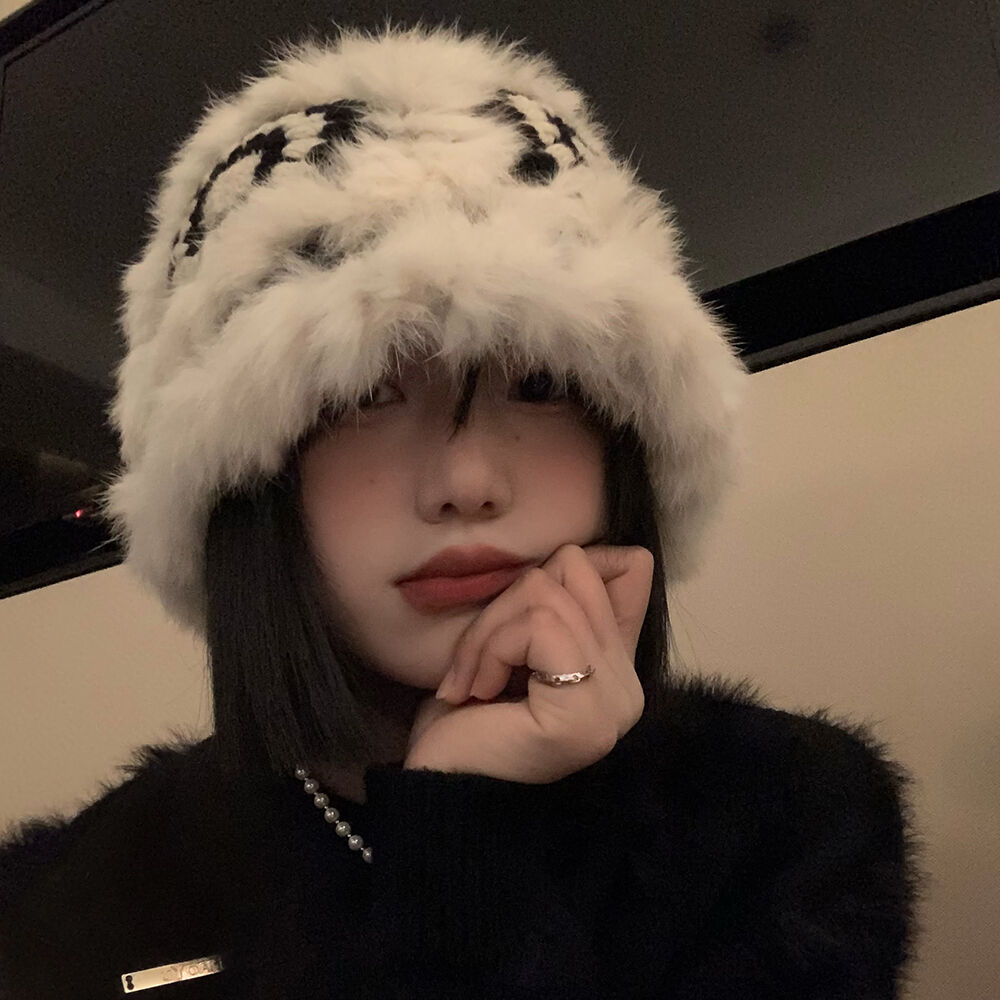 Rabbit Fur Knit Plush Hat Woman Autumn winter furry tiger head Awakening Lion Fisherman Hat Adorable face with small fur line hat-Taobao