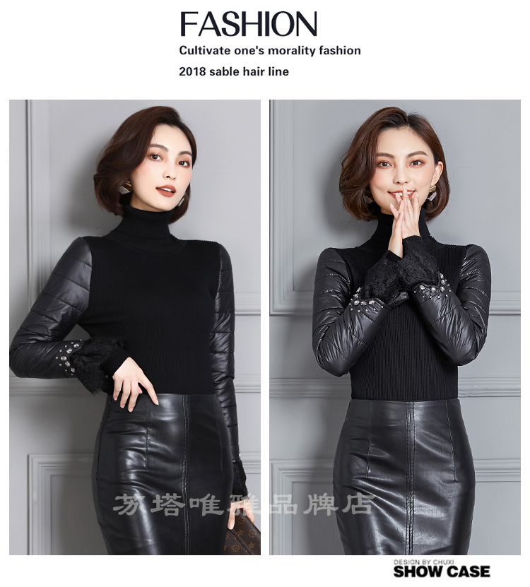 Áo xuống đầy tay áo sơ mi nữ mùa đông dày cổ áo len ấm áp cộng với tay áo cotton với áo len lông thú áo len cổ lọ