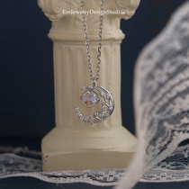 Wangshu man light luxury gentle lace Glass Moon sterling silver necklace micro inlaid fairy choker gift