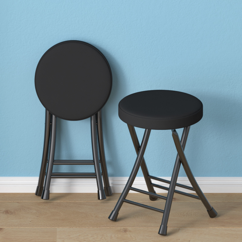 [Steel Plate Upholstered Stool] Black Frame Black Leather 4cm Raw Cotton
